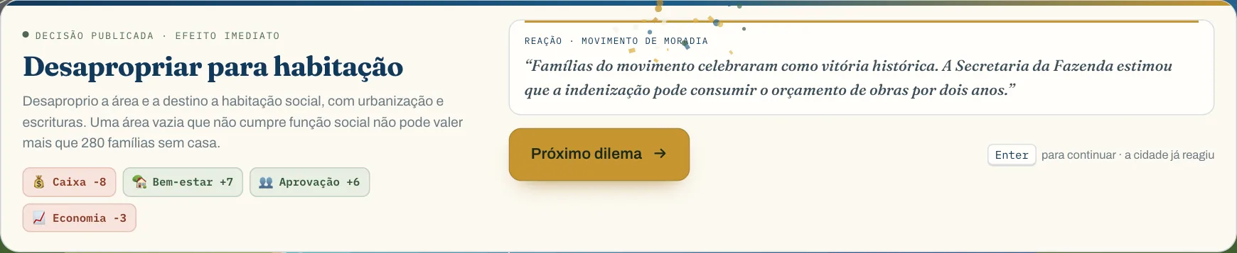 Resultado de uma decisão com variações nos indicadores e a reação publicada.